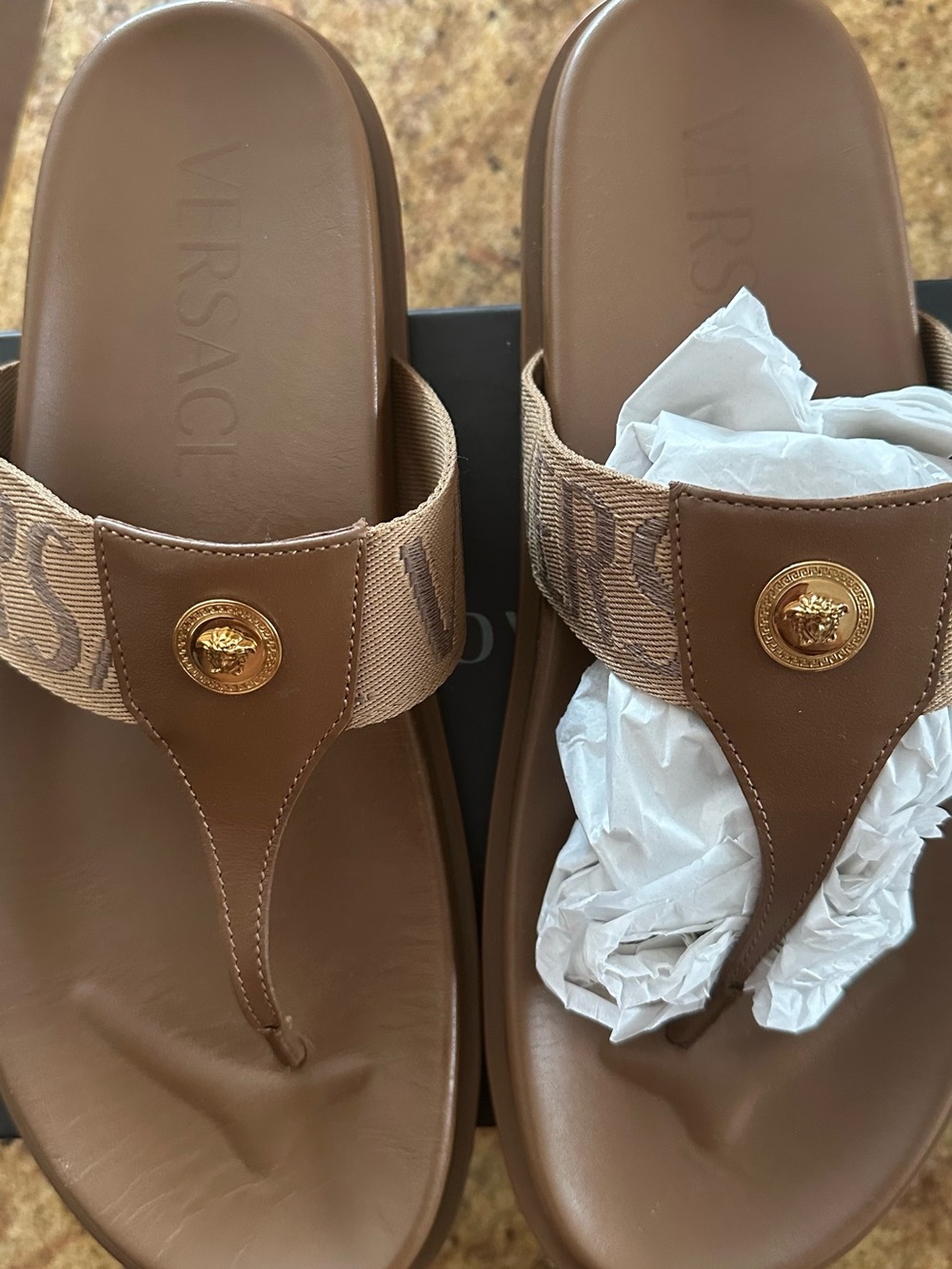 Versace Tan Brown Logo Medusa Thong Sandals